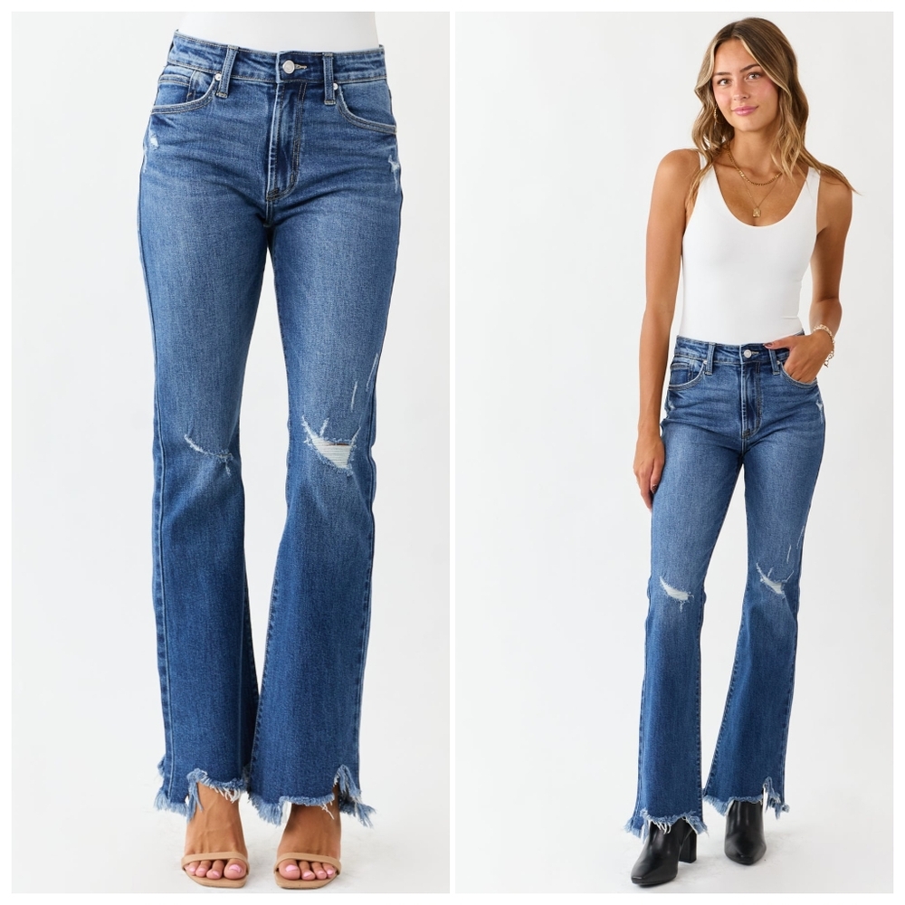 🔥 (5for$35) KanCan Medium Wash Distressed High Rise Flare Jeans Size 7/27